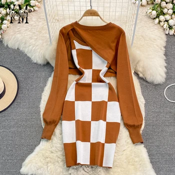 YornMona Marka Moda Dama Tahtası Iki Parçalı Set Elbise Sonbahar Kış Uzun Kollu Örme Kazak Elbise Kadın Giyim