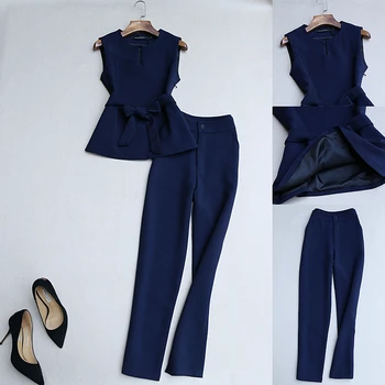 Yüksek Kaliteli Ofis Bayan Takım Elbise Setleri Zarif Askı Wrap Bel Yelek ve Yüksek Bel Takım Elbise kalem pantolon Bir Set