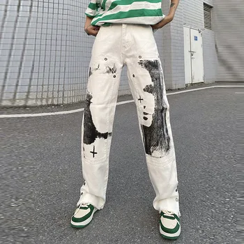 Yüksek Sokak erkek Kot Parodi Portre Graffiti Baskılı Denim Pantolon Hip Hop Moda Rahat Gevşek Düz Geniş Bacak Pantolon Unisex