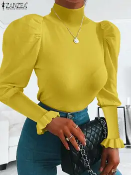 ZANZEA Balıkçı Yaka Puf Kollu İnce Üstleri 2022 Sonbahar Kadın Düz Renk Bluz Tatil Zarif Rahat İş OL Gömlek Femme Blusas