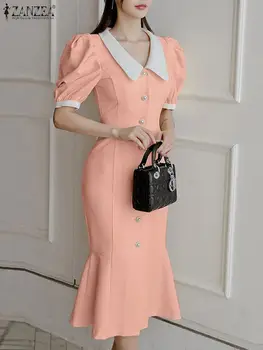 ZANZEA Parti Kılıf uzun elbise Zarif 2022 Sonbahar Kadın Fransız Vintage Fishtail Vestido Mujer Puf Kollu Moda Midi Elbise