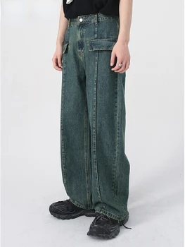 ZCSMLL erkek Kot Yeni Kore Moda Kişiselleştirilmiş Tasarım Geniş Bacak Pantolon Bağbozumu Rahat Düz Renk Erkek L5