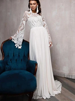 Zarif A-line düğün elbisesi Uzun Parlama Kollu O-Boyun Püskül Gelin Uzun Elbise Dantel Aplike Şifon Sweep Tren Robe De mariée