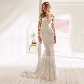 Zarif Beyaz Dantel Mermaid düğün elbisesi 2021 Uzun Kollu Aç Geri Illusion Scoop Boyun gelinlikler Kadın Vestidos De Novia