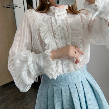Zarif Fırfır Dikiş Şifon Gömlek Moda Sonbahar Uzun Kollu Standı Yaka Bluz Kadınlar Tatlı Ince Beyaz Blusas Tops 17605