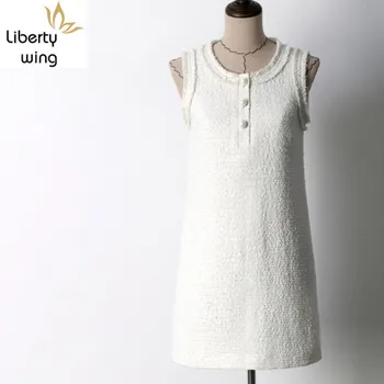 Zarif Kadın Tüvit Moda Seksi Kolsuz Boncuk Yaz Elbiseler Ofis Bayan İş Elbiseleri Beyaz O-boyun Elbise Kadın Yeni