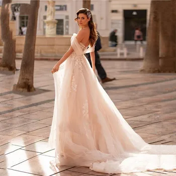 Zarif Kapalı Omuz Plaj düğün elbisesi Bir Çizgi Dantelli Tül Dantel Aplikler Boncuk Kemer gelin kıyafeti Vestidos De Novia Düğme Geri
