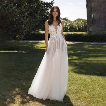 Zarif Kare Yaka Bir Çizgi düğün elbisesi Kadınlar İçin Dantel Aplikler gelin kıyafeti Backless Beyaz Gelin Elbise Robe De Mariée