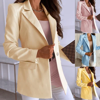 Zarif Katı Blazer Mont Ofis Bayan Turn-Aşağı Yaka Kadın Giyim Takım Elbise Sonbahar Rahat Basit Uzun Kollu Hırka Ceketler