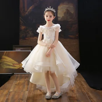 Zarif Kız Sahne Gösterisi Kostüm Çocuklar Petal Kollu Tül Dantelli Balo Toddler Prenses Elbise Düğün Parti Vaftiz Frocks