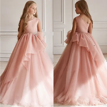 Zarif Pembe Bir Omuz Çiçek Kız Elbise Düğün İçin Tül Aplikler Katmanlı A-Line Prenses Uzun İlk Communion elbise