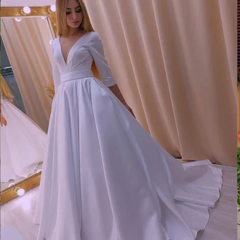 Zarif Saten düğün elbisesi Derin V Yaka Kadınlar İçin Gelinler Abiye Beyaz Custom Made Ölçüleri Yarım Kollu A-Line Lace Up Geri