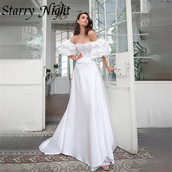 Zarif Straplez Saten düğün elbisesi Bir Çizgi gelinlik Ayrılabilir Puf Kollu Backless Elbise Gelin İçin 2022 robe mariage