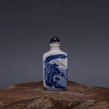 Zarif antika mavi ve beyaz kare düz şişe Yaprak tarzı enfiye şişesi dekorasyon