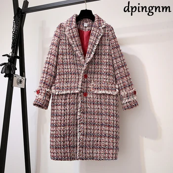 Zarif ekose kadın tüvit ceket Düğmeleri cepler sonbahar kış kadın karışımı mont V Boyun ofis bayanlar sıcak uzun paltolar