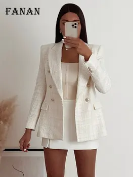 Zarif Şık Blazers Kadınlar için 2022 Moda Kruvaze Tüvit Palto Ofis Bayan Beyaz Uzun Kollu Giyim Sonbahar Kış