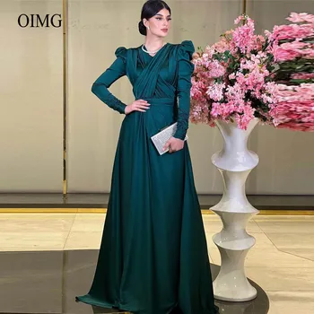Zümrüt Yeşil Ipek Saten Örgün Abiye Uzun Kollu V Boyun Arapça Kadınlar Kraliyet Mavi Balo Elbise Mütevazı Durum elbise
