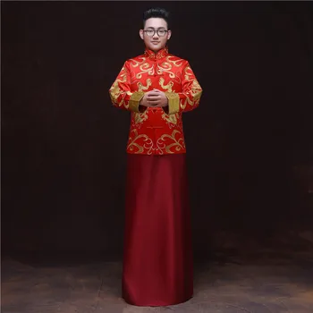damat düğün tost kostümleri erkek kırmızı cheongsam Çin tarzı damat elbise ceket uzun elbise geleneksel Çin Qipao Mens için