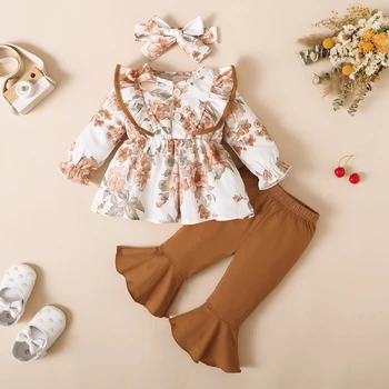 hıbobı Bebek Kız Giysileri Setleri Çiçek Baskı Fırfır Uzun Kollu ve Pantolon Toddler Bebek Kız Kıyafetler Bebek Kız Giyim