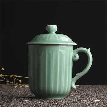 Çay fincanı Kahve Kupa kapaklı bardak 14 oz Çay Fincanı Kabartmalı Lotu Yaprak Drinkware porselen sofra takımı Mikrodalga ve Bulaşık Makinesi Güvenli