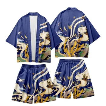 Çift Kadın Erkek asya kıyafetleri Harajuku Karikatür Vinç Baskılı Kimono Japon Rahat Gevşek Hırka Ve plaj şortu seti