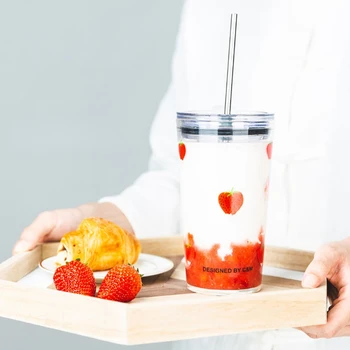 Çilek Cam Saman Bardak Kullanımlık Smoothie Sevimli Taşınabilir meyve suyu pipetli bardak Su Şişesi Minimalizm Kızlar Drinkware