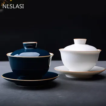 Çin Düz Renk Seramik Gaiwan Çay Fincanı El Yapımı Çay Kasesi Ev porselen çay seti Aksesuarları Drinkware Kişisel Bardak 160ml