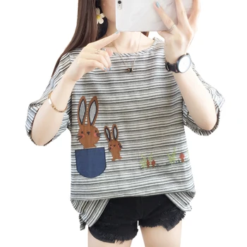 Çizgili Tavşan Sevimli Tatlı Kısa Kollu Kadın Giysileri Kadın T-Shirt Harajuku Vintage Bluzlar İlkbahar Sonbahar Yaz 2021