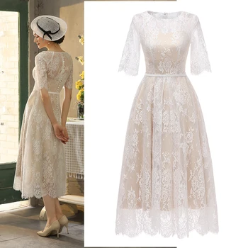 Çiçek Dantel Vintage Buzağı Çay Boyu gelinlikler Yarım Kollu Kapalı Geri Romantik Custom Made Fotoğraf Kepçe düğün elbisesi