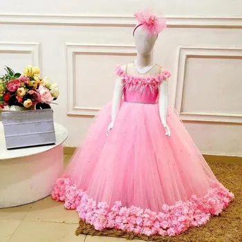 Çiçek Kız Elbise Düğün İçin Büyük Yay Çiçekler Boncuk Küçük Prenses Parti Kıyafeti Doğum Günü Elbise İlk Communion