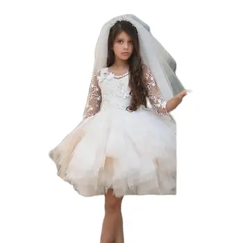 Çiçek Kız Elbise Düğün İçin Mücevher Dantel Aplike Kızlar Pageant Elbise Yarım Kollu Boncuklu Kanat