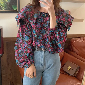 Çiçek Yaka Bluzlar Moda Casual Kadınlar Şık Yeni Tüm Maç Bayan Baskılı 2021 Sonbahar Gevşek Tatlı Streetwear Tops