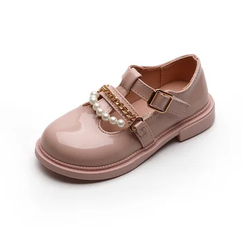 Çocuk 2021 ilkbahar ve sonbahar prenses parti yuvarlak ayak deri ayakkabı kızlar yeni moda inci yumuşak taban açık ayakkabı