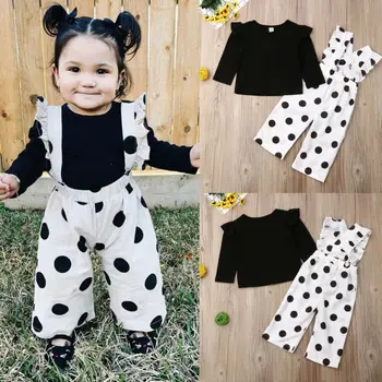 Çocuk Bebek Kız Pamuk T gömlek Tops Polka Dot Askı Romper Tulum Tulum uzun pantolon Kıyafet Kız Elbise