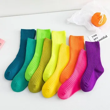 Çocuk Dört Mevsim Şeker Renk Çorap Sonbahar Düz Renk Pamuk Orta Tüp Çorap Uzun Çorap Bebek Gökkuşağı Çorap Güzel Kızlar