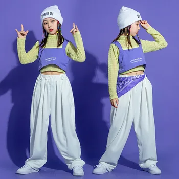 Çocuk Kpop Hip Hop Giyim Sarı Kırpma Üst Uzun Kollu T Shirt Mor Yelek Streetwear rahat pantolon Kız dans kostümü Giysi