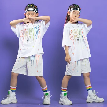 Çocuk Kpop Hip Hop Gösterisi Amigo Giyim beyaz tişört Üstleri Tee Streetwear Yaz Şort Kız Erkek Caz Dans Kostümleri