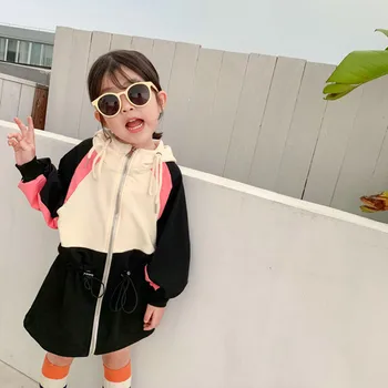 Çocuk Kız Sonbahar Dış Giyim 2019 Moda Çocuk Uzun Ceket Ceket Tam Kollu Elastik Bel Fermuar Kapşonlu Ceketler 2-8Yrs Kıyafet