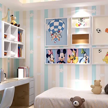 Çocuk Odası Prenses Odası Dokunmamış Duvar Kağıdı Mavi Pembe Dikey Çizgili Yatak Odası Erkek ve Kız Odası Karikatür Duvar Kağıdı