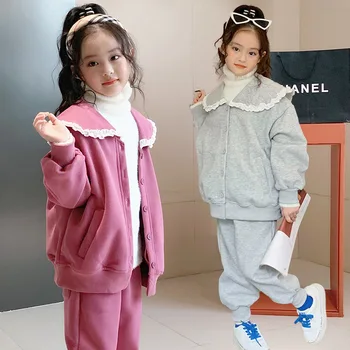 Çocuk Rahat Set Kış Polar Kalın Fermuarlı Ceket Sweatpants İki Adet Prenses Eşofman Kızlar için Tatlı Spor Çocuklar Kıyafetler