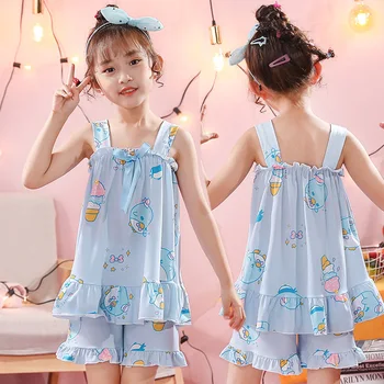 Çocuk Saten Pijama Yaz Kız Pijama Setleri Çocuklar Gecelik Yay Yelek + Kısa 2 adet Elbise Kız Kıyafeti Çocuk İpek Pijama Seti