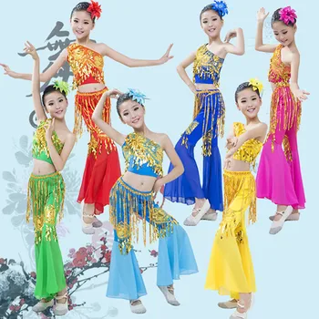 Çocuk Sequins Dai Tavuskuşu dans kostümü Kızlar için Geleneksel Etnik Tavuskuşu Dans Elbise Sahne Kostümleri Üst + Pantolon
