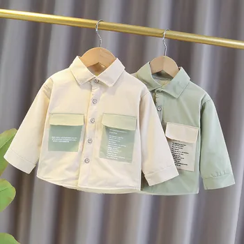 Çocuklar Ekose Gömlek Moda Çocuk Çocuk Boys Uzun Kollu Düğmeler Harfler Cep Üstleri Kalınlaşmak Gömlek Kadife Yaka Casual Bluzlar