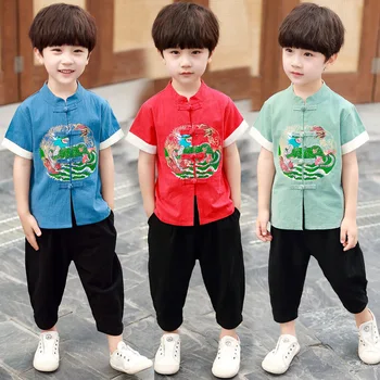 Çocuklar Hanfu Antik Nakış 2 Parça Set çocuk Pamuk ve Keten Çin Geleneksel Tarzı Tang Takım Elbise Performans Kostümleri