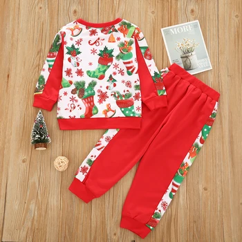 Çocuklar Noel İki parçalı Giyim Seti Baskılı Desen Yuvarlak Yaka Kazak ve Pantolon Noel Kıyafetleri Beyaz / Kırmızı