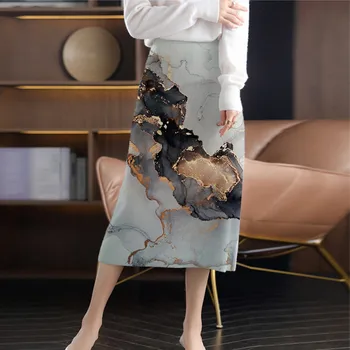 Örme A-line Etekler Kadın Mermer Şerit Faldas Mujer Seksi Bayanlar Streetwear Orta buzağı Moda Tüm Maç Zarif Sonbahar Kış