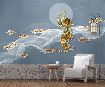 Özel Avrupa tarzı 3d zengin altın tavuskuşu kabartmalı oturma odası kanepe arka plan duvar tablosu duvar çıkartmaları duvar kağıdı papier