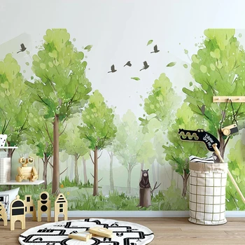 Özel Fotoğraf 3D El Boyalı Orman Yeşil Ağaç Kuş Duvar Anaokulu Çocuk Odası Yatak Odası Ev Dekorasyon Duvar Kağıdı Tapety