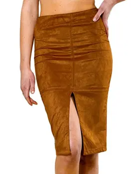 Özelleştirmek WomanPachwork Faux Süet Basit Giyim İlkbahar Sonbahar Kış Rahat Diz Boyu Etekler Bölünmüş Ön Kalem Etek Kahverengi
