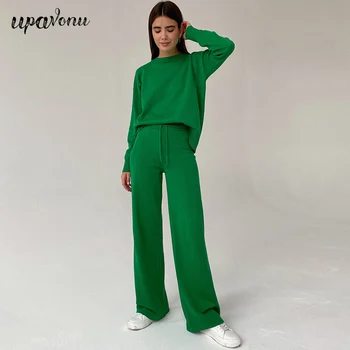 Ücretsiz Kargo Rahat Sonbahar Yeşil Gevşek Örme Kazak Setleri Bayanlar O-Boyun Uzun Kollu Kazak ve Düz Pantolon İki parçalı Set